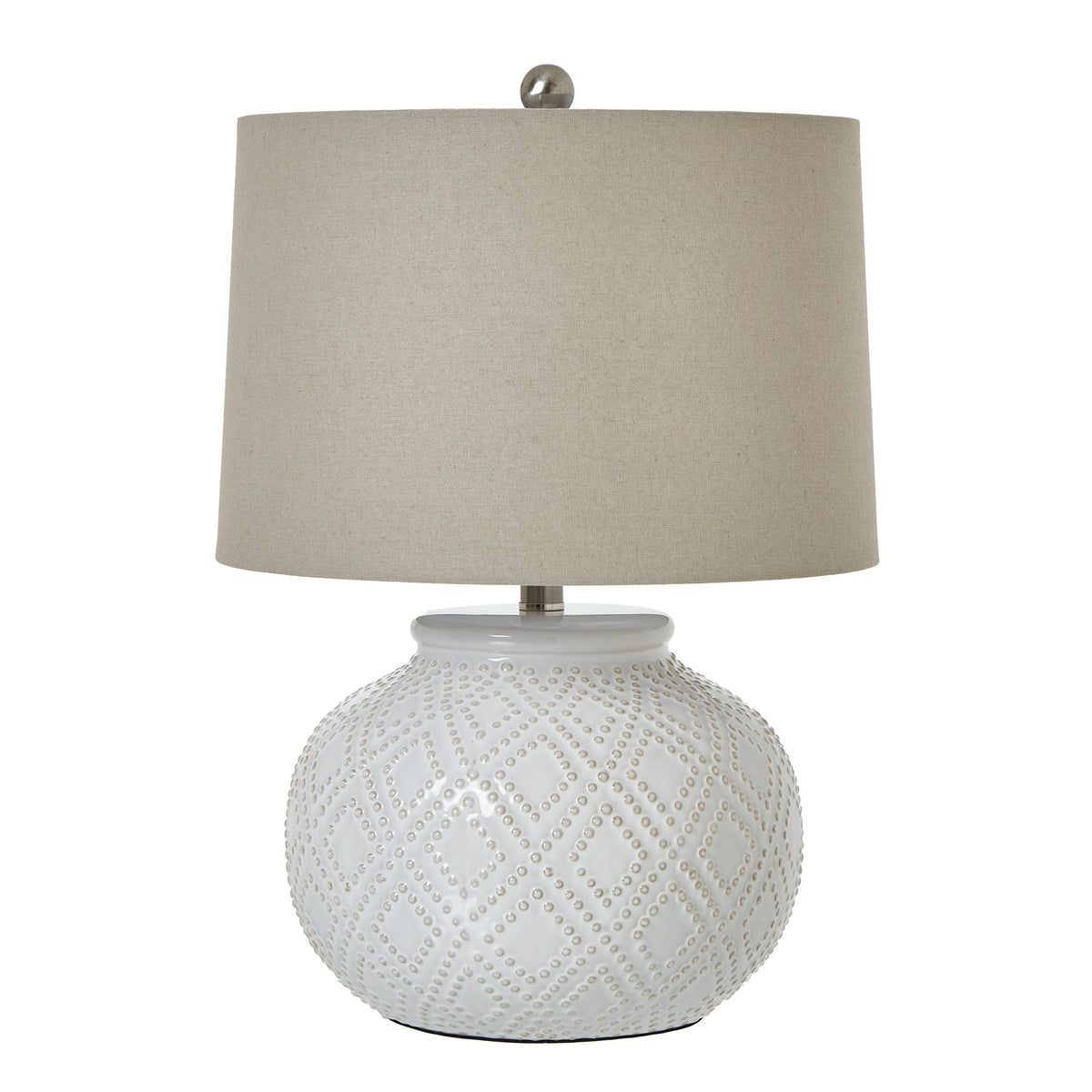 Squat White Beaded Ceramic Lamp With Linen Shade - view 2