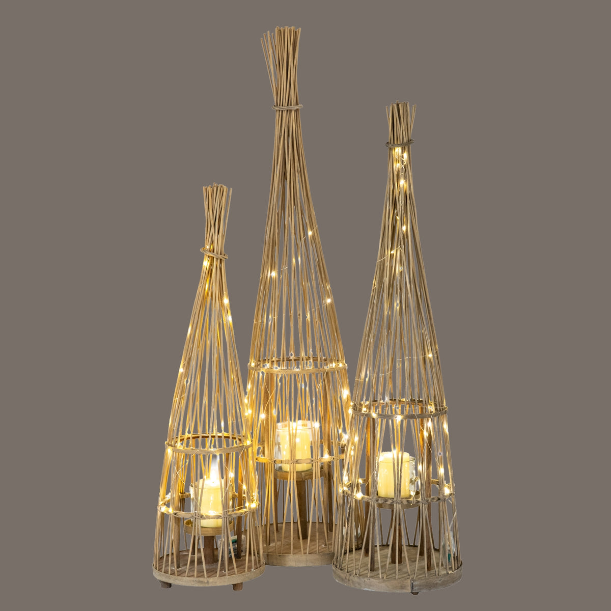 Large Conical Wicker Lantern With Glass Holder & LED Lights - view 5