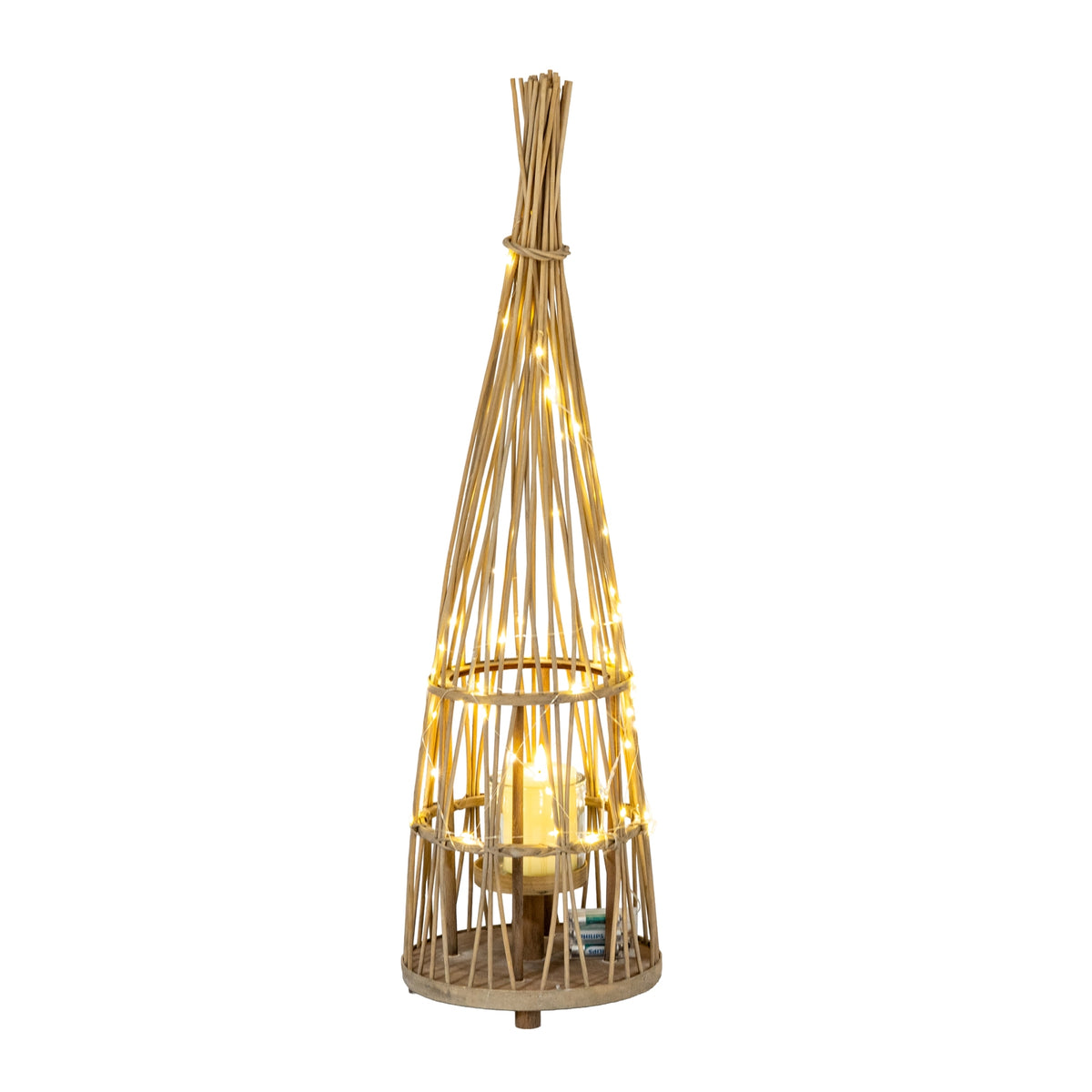 Medium Conical Wicker Lantern With Glass Holder & LED Lights - view 2