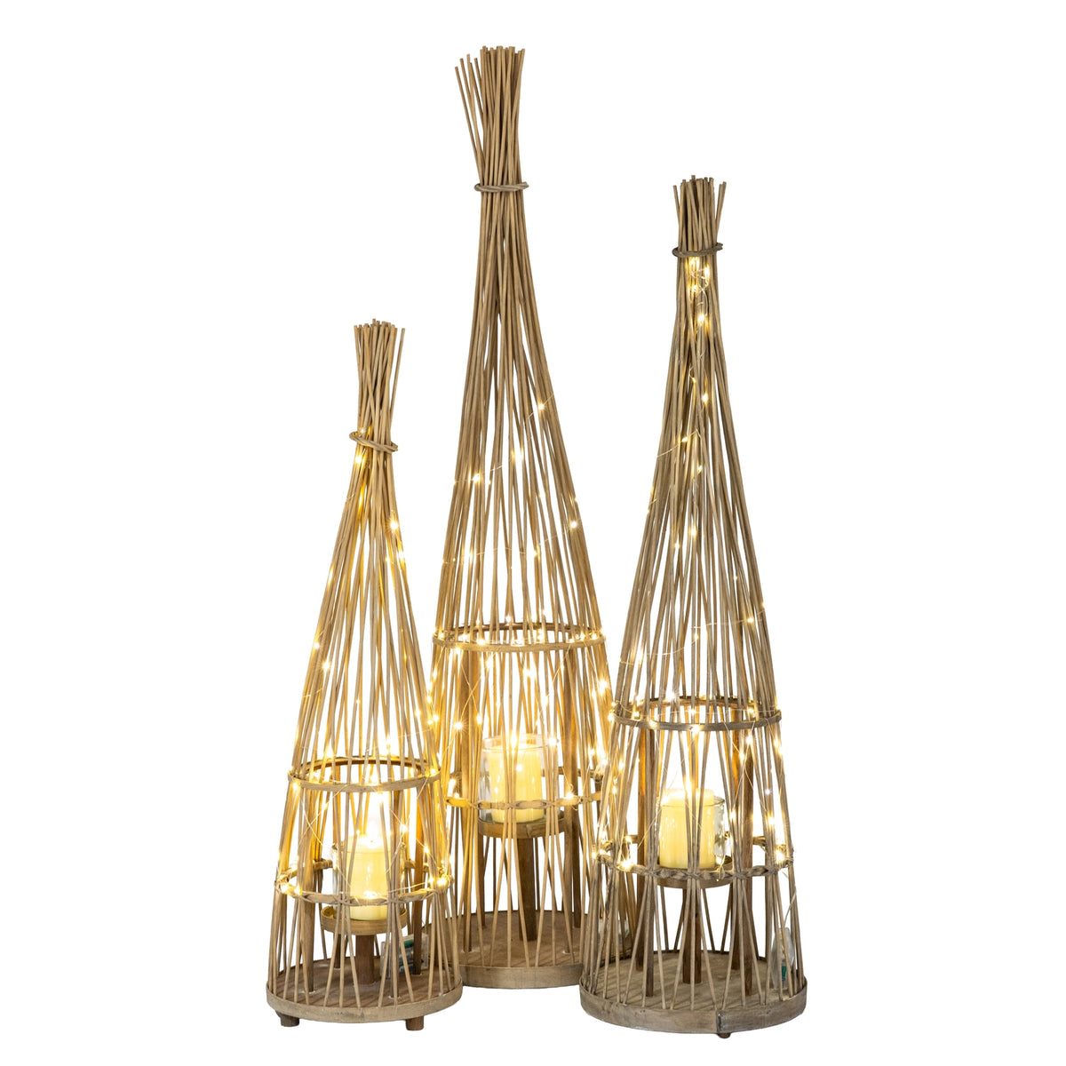 Medium Conical Wicker Lantern With Glass Holder & LED Lights - view 3