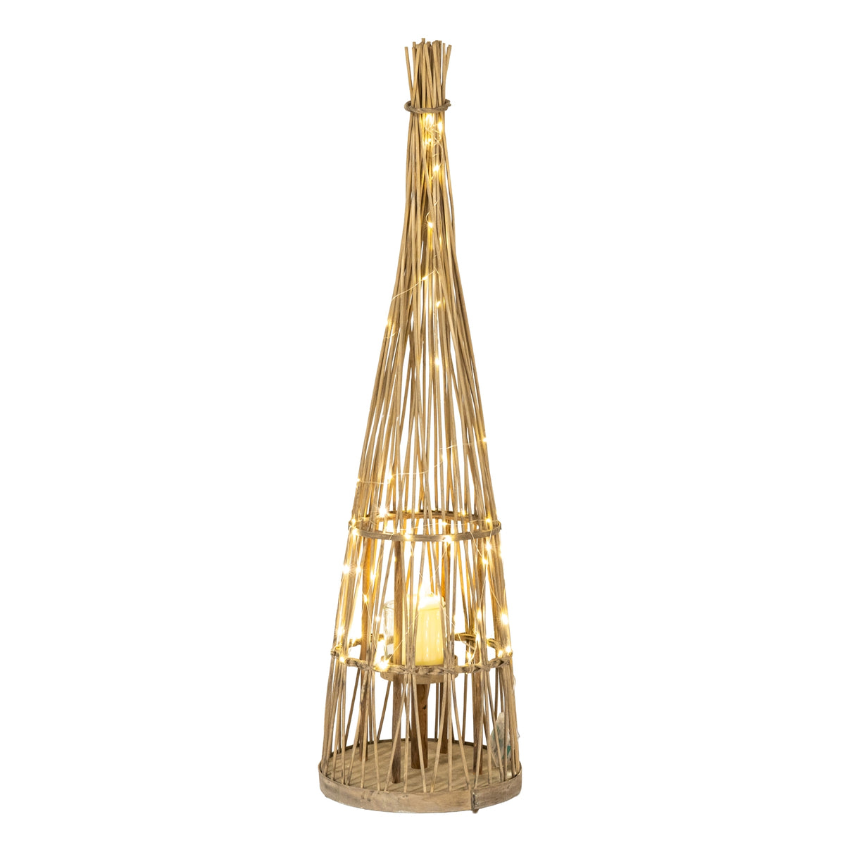 Small Conical Wicker Lantern With Glass Holder & LED Lights - view 2