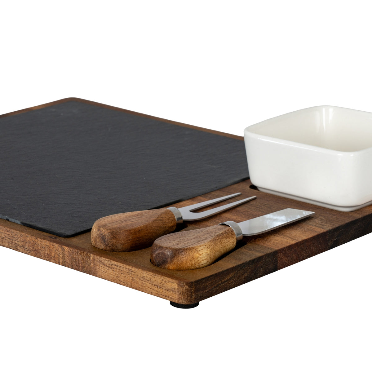 Acacia Cheese Board Set With White Bowl, Slate And Cutlery - view 2
