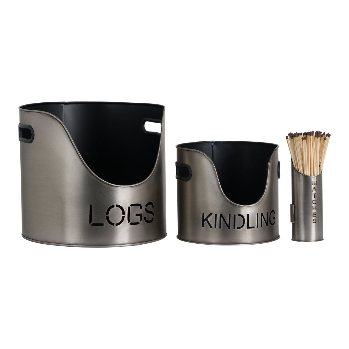 Pewter Finish Logs And Kindling Buckets & Matchstick Holder - view 2