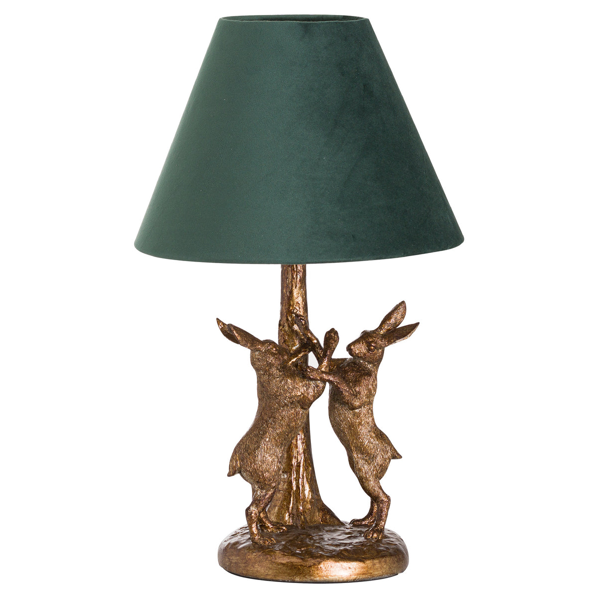 Antique Gold Marching Hares Lamp With Green Velvet Shade - view 2