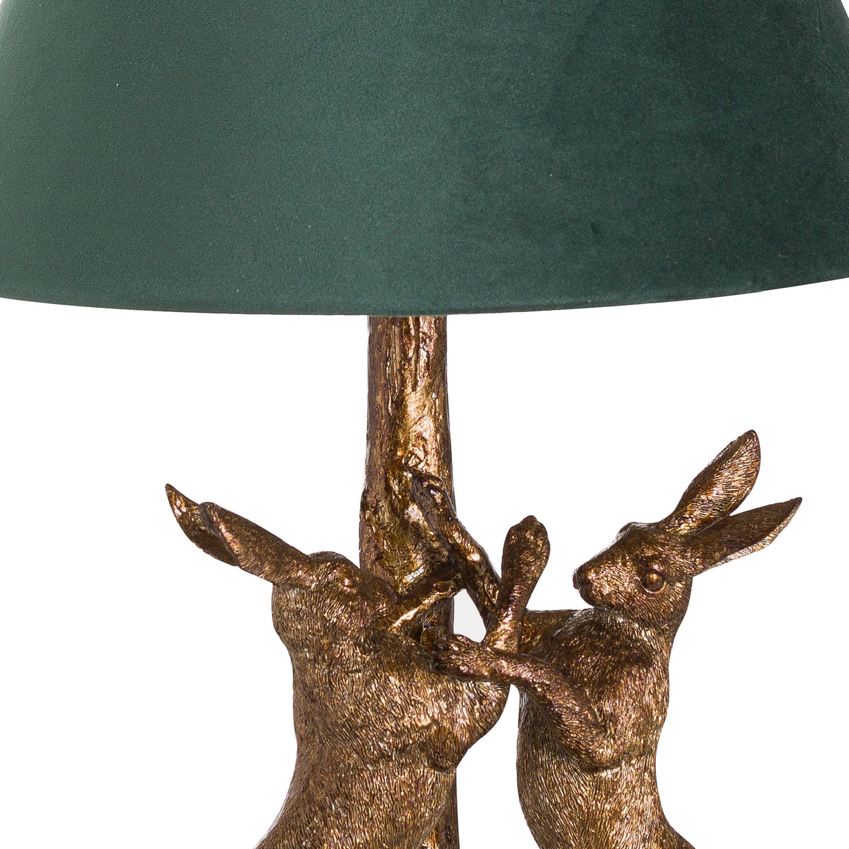 Antique Gold Marching Hares Lamp With Green Velvet Shade - view 3