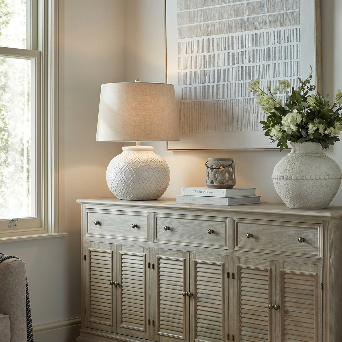 Squat White Beaded Ceramic Lamp With Linen Shade - view 3