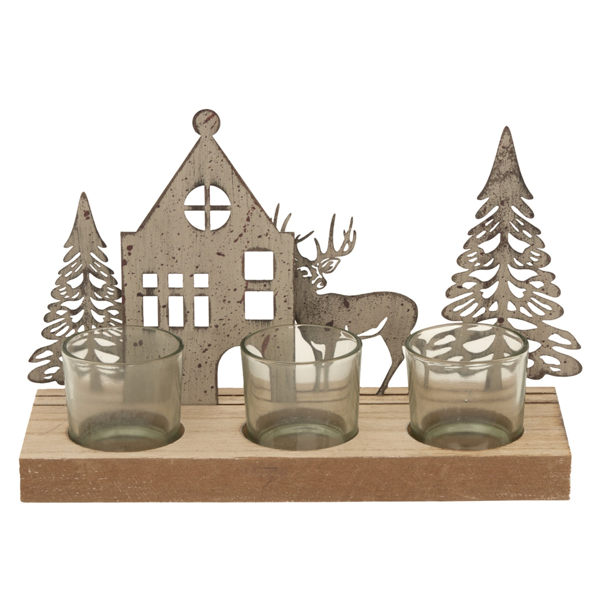 Rustic Metal Scene Tealight On Wood Stand With Glass Votives - view 2