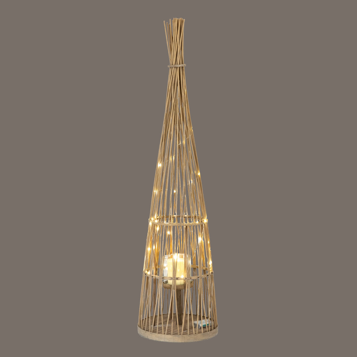 Large Conical Wicker Lantern With Glass Holder & LED Lights - view 4