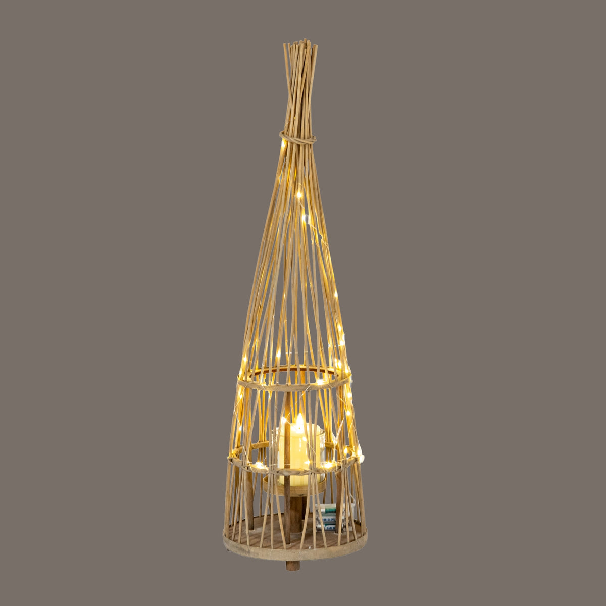 Medium Conical Wicker Lantern With Glass Holder & LED Lights - view 4