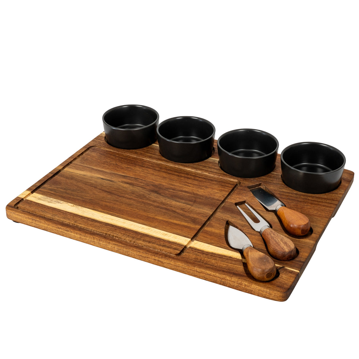 Acacia Cheese Board Set With Grey Ceramic Bowls And Cutlery - view 2
