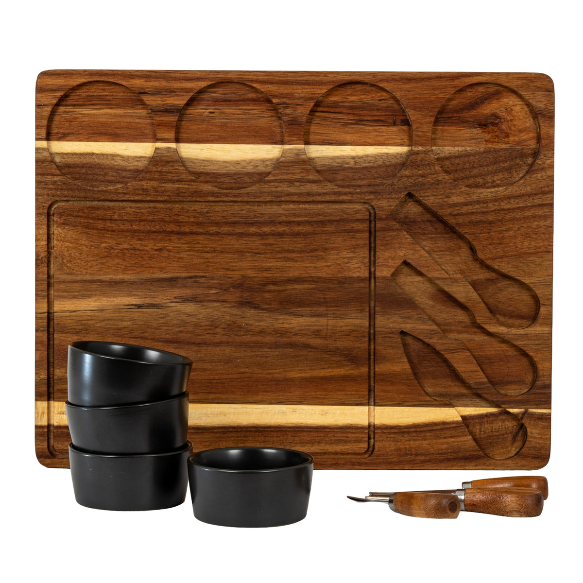 Acacia Cheese Board Set With Grey Ceramic Bowls And Cutlery - view 3