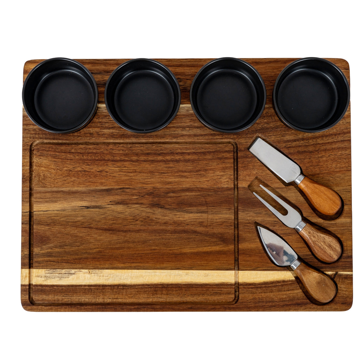 Acacia Cheese Board Set With Grey Ceramic Bowls And Cutlery